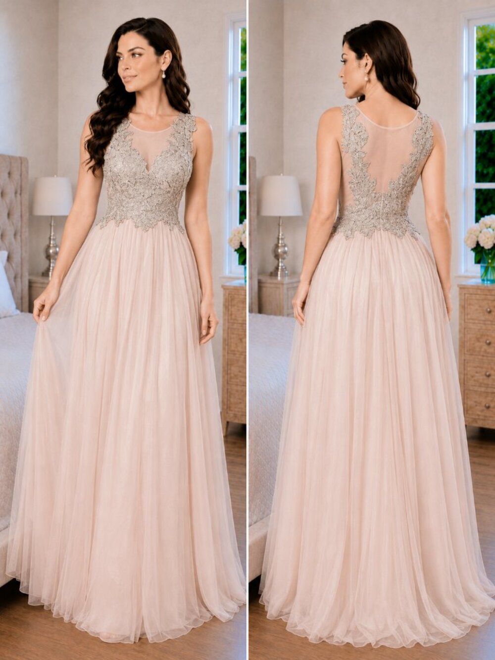 NWT Shail K Blush Gold Lace Formal Gown $450